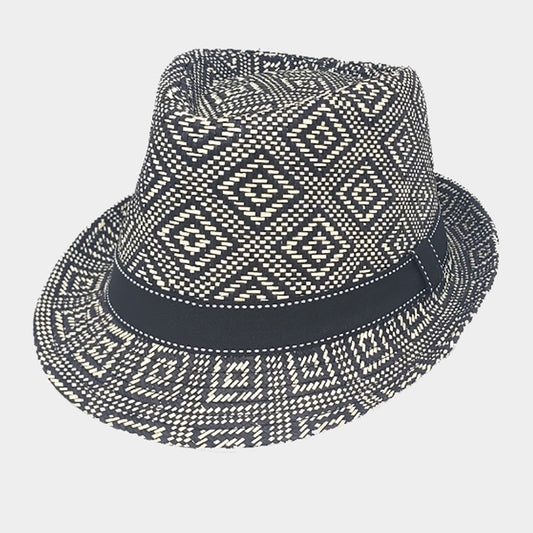 HATEGORY Boho Aztec Patterned Straw Fedora Hat