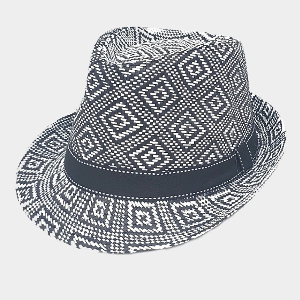 HATEGORY Boho Aztec Patterned Straw Fedora Hat