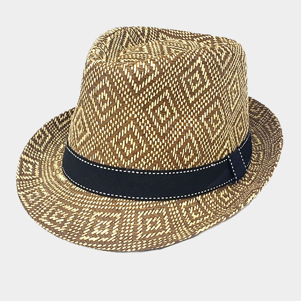 HATEGORY Boho Aztec Patterned Straw Fedora Hat