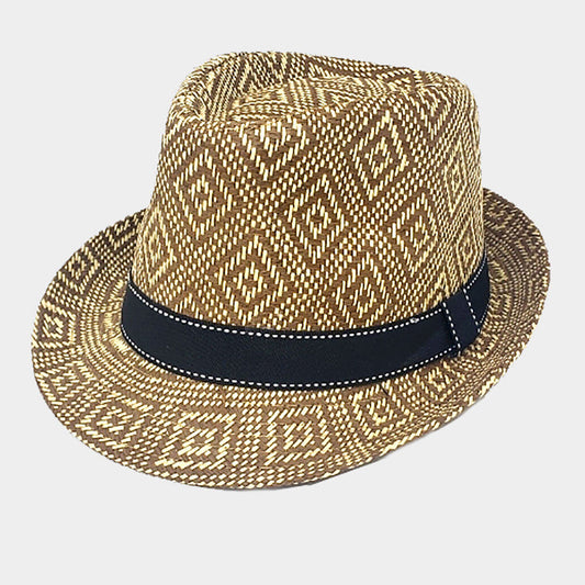 HATEGORY Boho Aztec Patterned Straw Fedora Hat