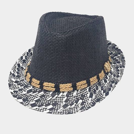 HATEGORY Two Tone Patterned Detail Straw Fedora Hat