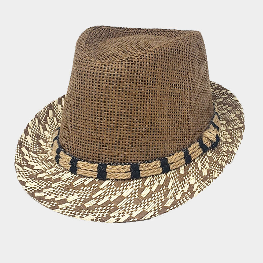 HATEGORY Two Tone Patterned Detail Straw Fedora Hat
