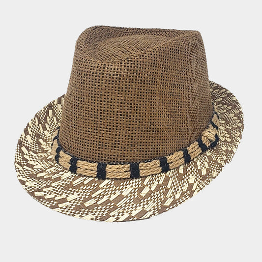 HATEGORY Two Tone Patterned Detail Straw Fedora Hat