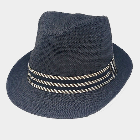 HATEGORY Patterned Band Accented Solid Straw Fedora Hat