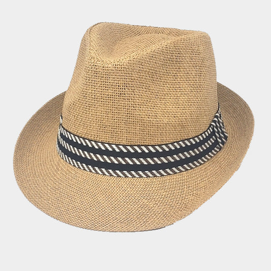 HATEGORY Patterned Band Accented Solid Straw Fedora Hat