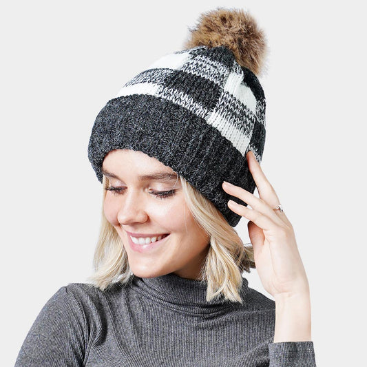 HATEGORY Buffalo Check Pattern Faux Pom Pom Knit Beanie Hat