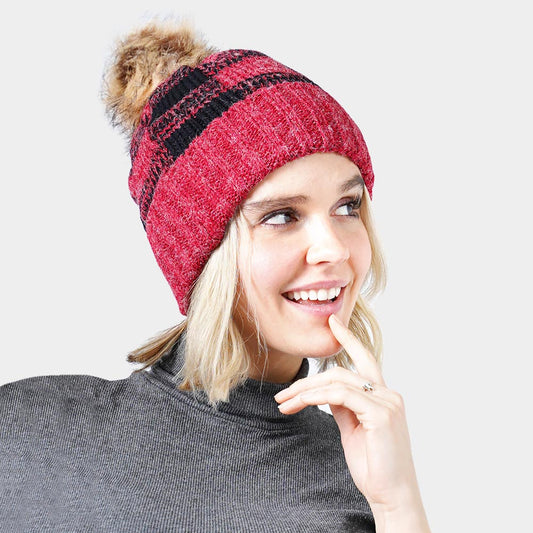 HATEGORY Buffalo Check Pattern Faux Pom Pom Knit Beanie Hat