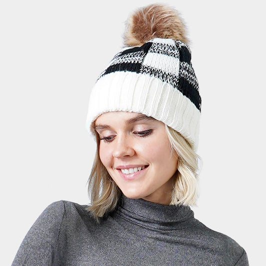 HATEGORY Buffalo Check Pattern Faux Pom Pom Knit Beanie Hat