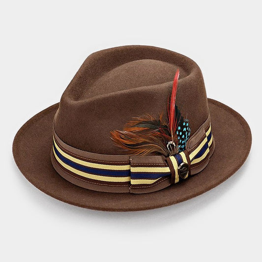 HATEGORY Feather & Striped Ribbon Wool Fedora