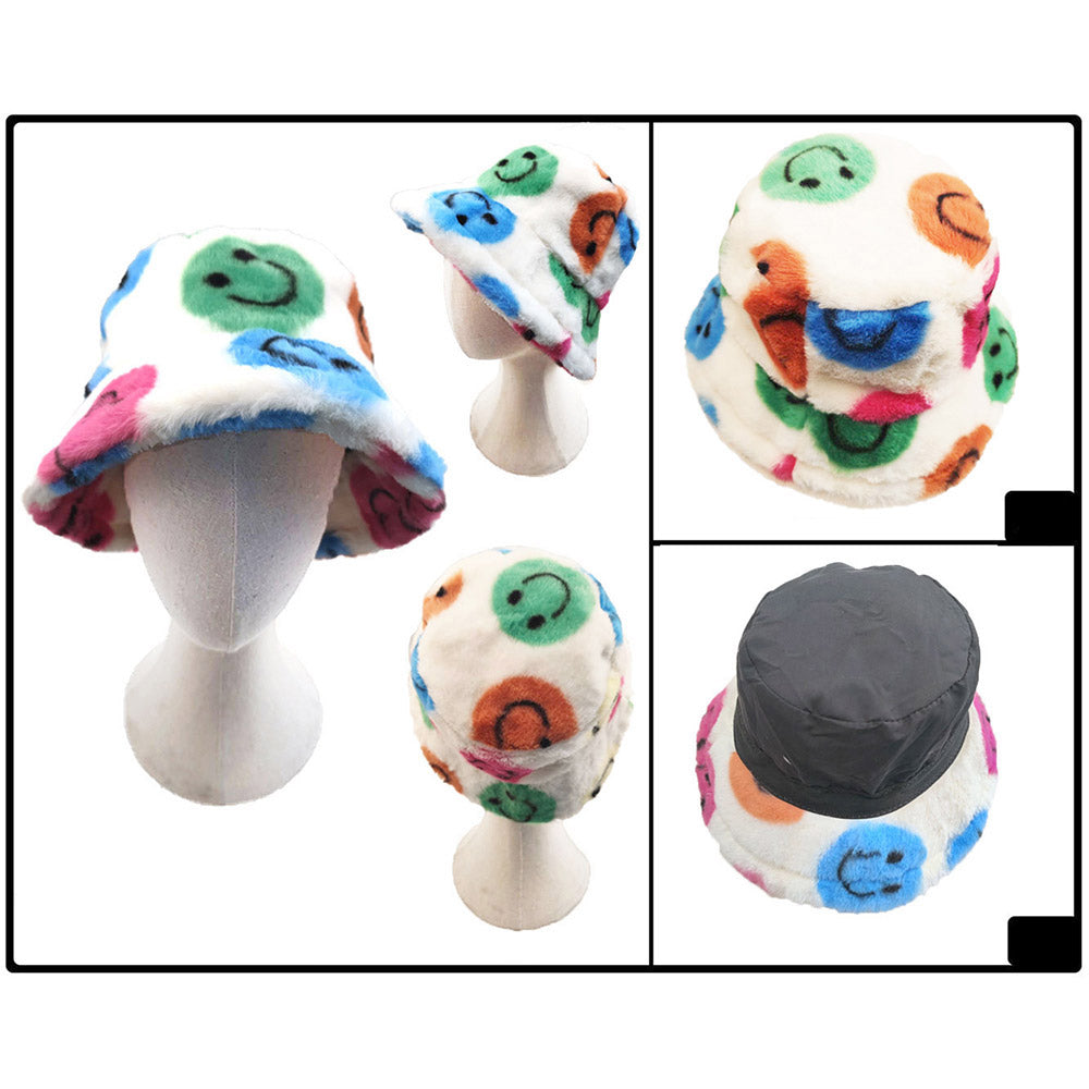 HATEGORY Smile Patterned Faux Fur Bucket Hat