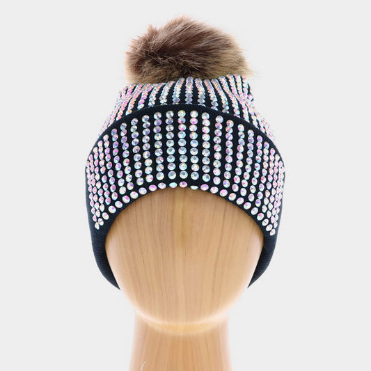 HATEGORY Double Layer Bedazzled Cuffed Pom Pom Beanie Hat