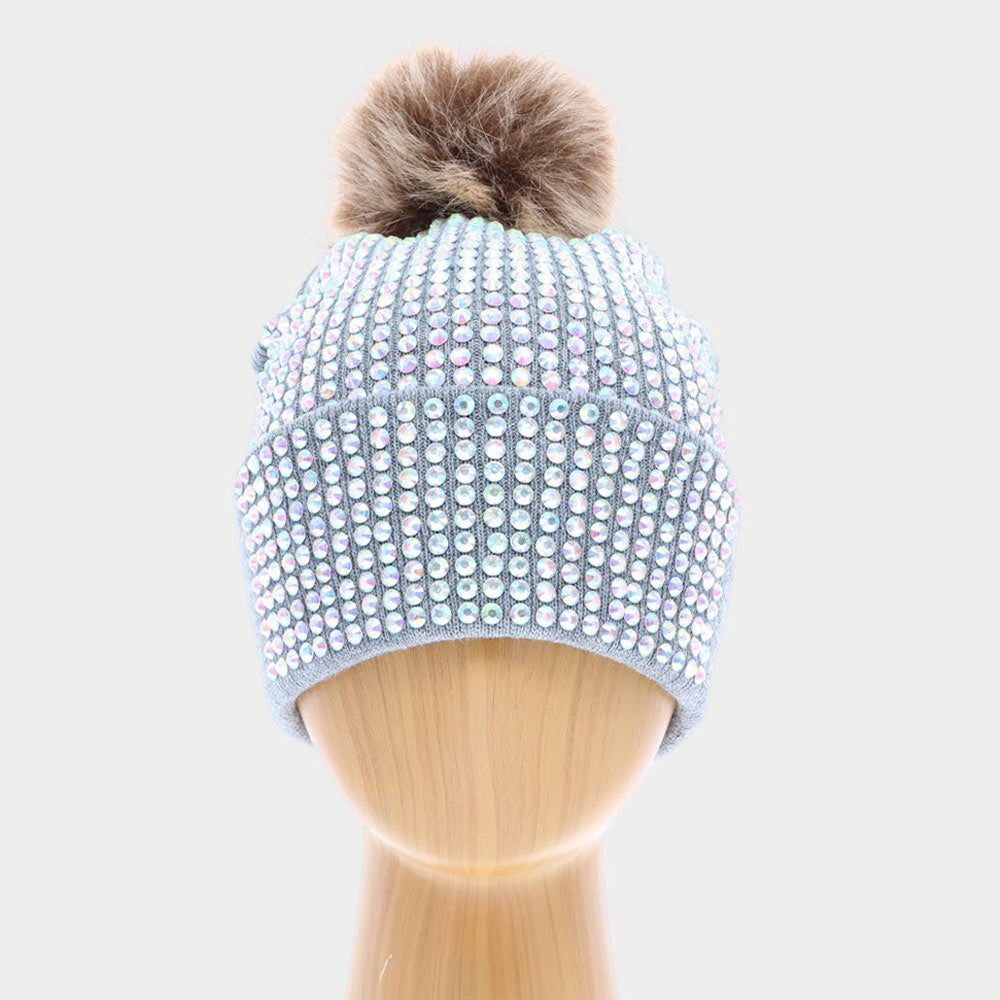 HATEGORY Double Layer Bedazzled Cuffed Pom Pom Beanie Hat