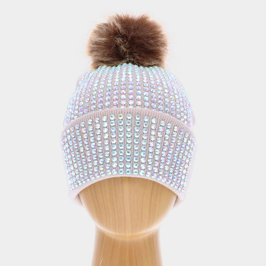 HATEGORY Double Layer Bedazzled Cuffed Pom Pom Beanie Hat