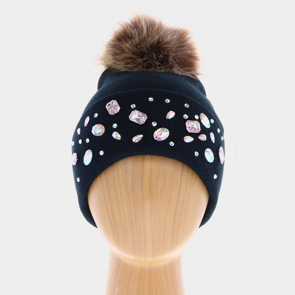 HATEGORY Double Layer Be Jeweled Knitted Cuffed Pom Pom Beanie Hat