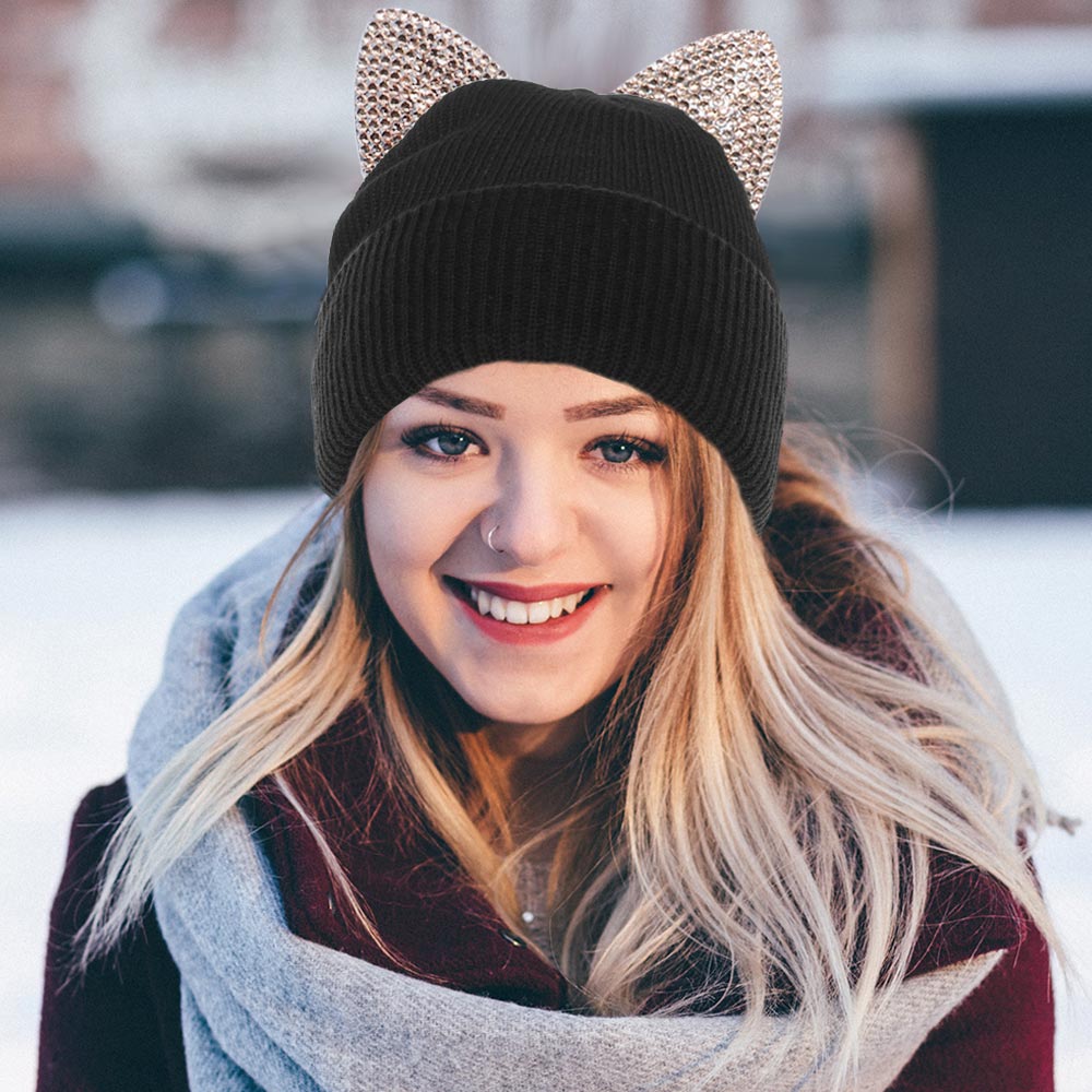 HATEGORY Rhinestone Embellished Cat Ear Beanie Hat