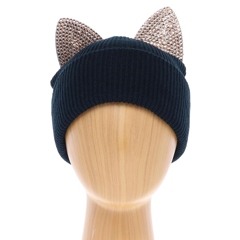 HATEGORY Rhinestone Embellished Cat Ear Beanie Hat
