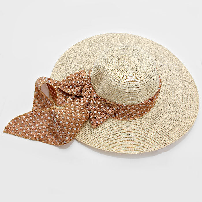 HATEGORY Polka Dot Ribbon Bow Straw Floppy Hat