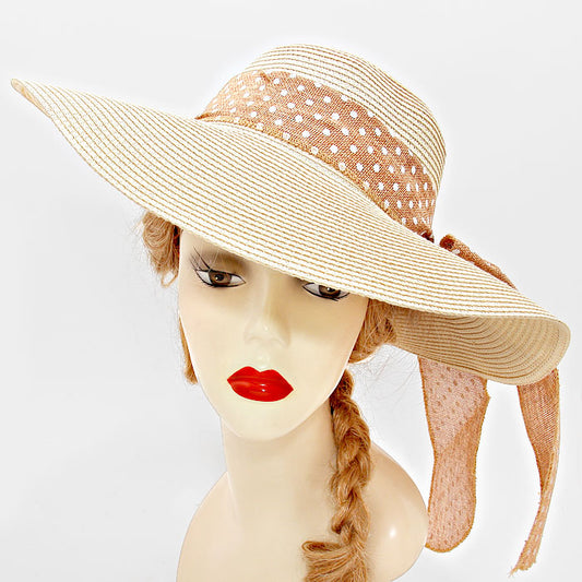 HATEGORY Polka Dot Ribbon Bow Straw Floppy Hat