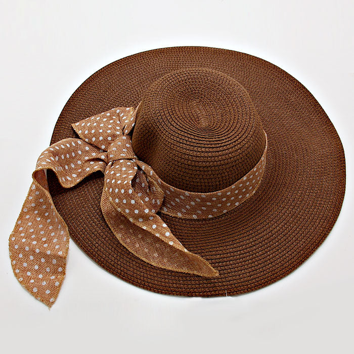HATEGORY Polka Dot Ribbon Bow Straw Floppy Hat