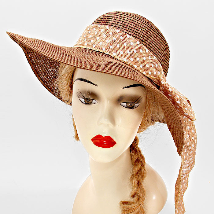 HATEGORY Polka Dot Ribbon Bow Straw Floppy Hat