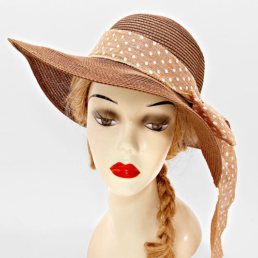 HATEGORY Polka Dot Ribbon Bow Straw Floppy Hat