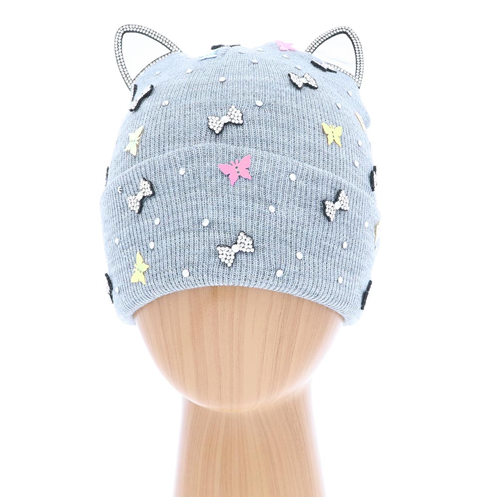HATEGORY Cat Ear Ribbon Stone Embellished Beanie Hat