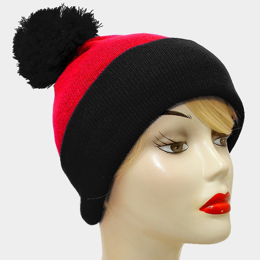 HATEGORY Pom Pom Color Block Fold Over Knit Beanie Hat
