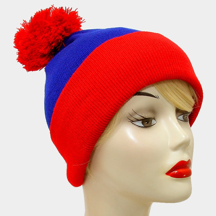 HATEGORY Pom Pom Color Block Fold Over Knit Beanie Hat