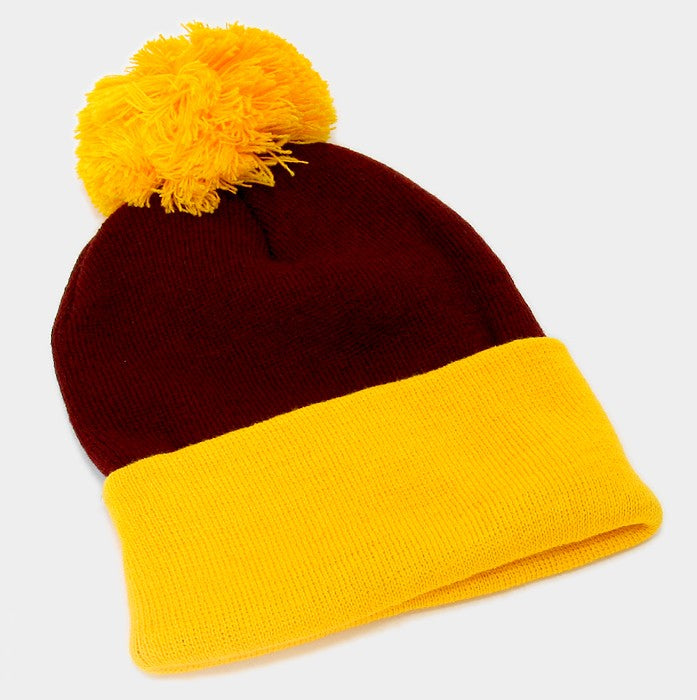 HATEGORY Pom Pom Color Block Fold Over Knit Beanie Hat