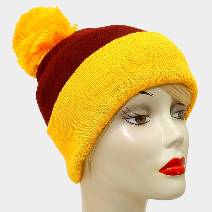HATEGORY Pom Pom Color Block Fold Over Knit Beanie Hat