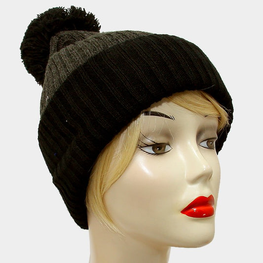 HATEGORY Pom Pom Color Block Fold Over Knit Beanie Hat