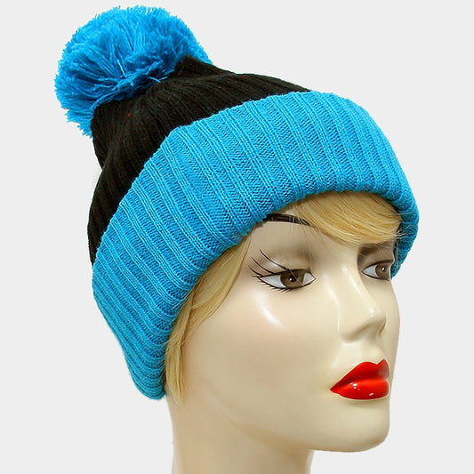 HATEGORY Pom Pom Color Block Fold Over Knit Beanie Hat
