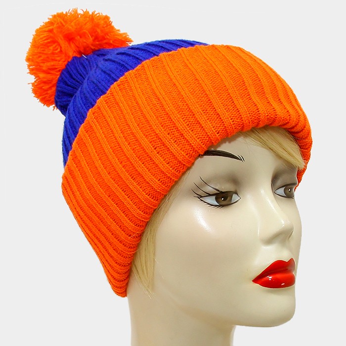 HATEGORY Pom Pom Color Block Fold Over Knit Beanie Hat