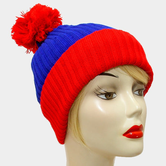HATEGORY Pom Pom Color Block Fold Over Knit Beanie Hat