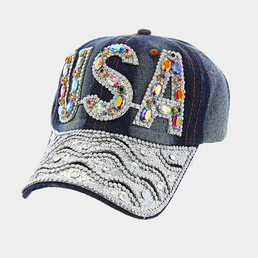 HATEGORY "USA" Bling Stone Embellished Denim Baseball Cap