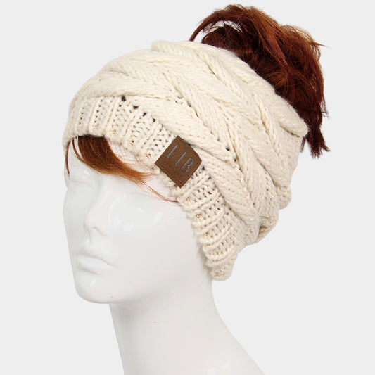 HATEGORY Knit Messy Bun Beanie Hat