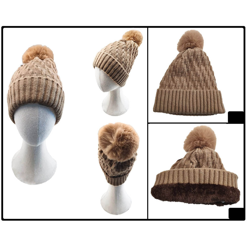 HATEGORY Fleece Lining Solid Knit Faux Fur Pom Pom Beanie Hat