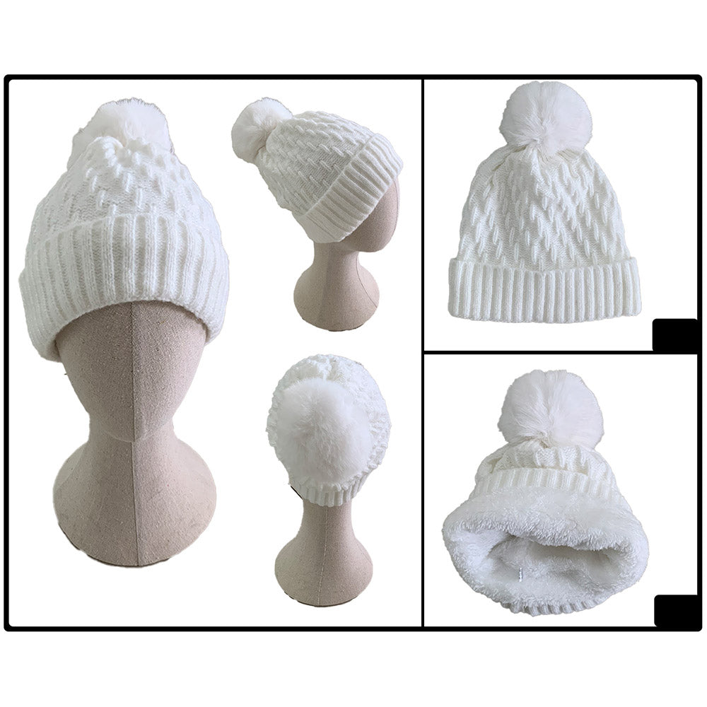 HATEGORY Fleece Lining Solid Knit Faux Fur Pom Pom Beanie Hat