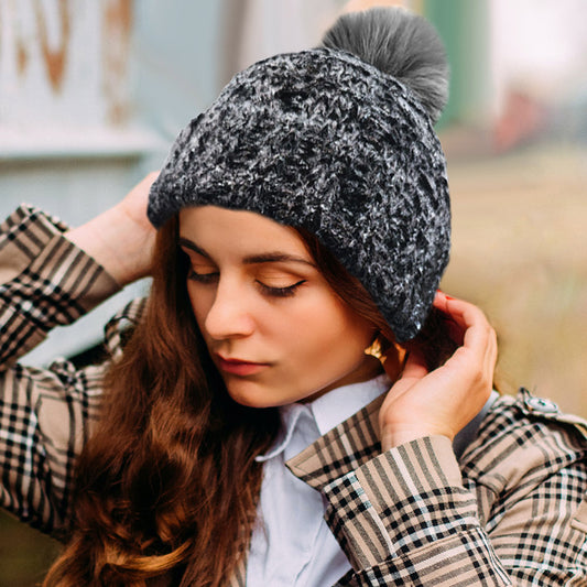 HATEGORY Fleece Lining Mixed Color Knit Faux Fur Pom Pom Beanie Hat