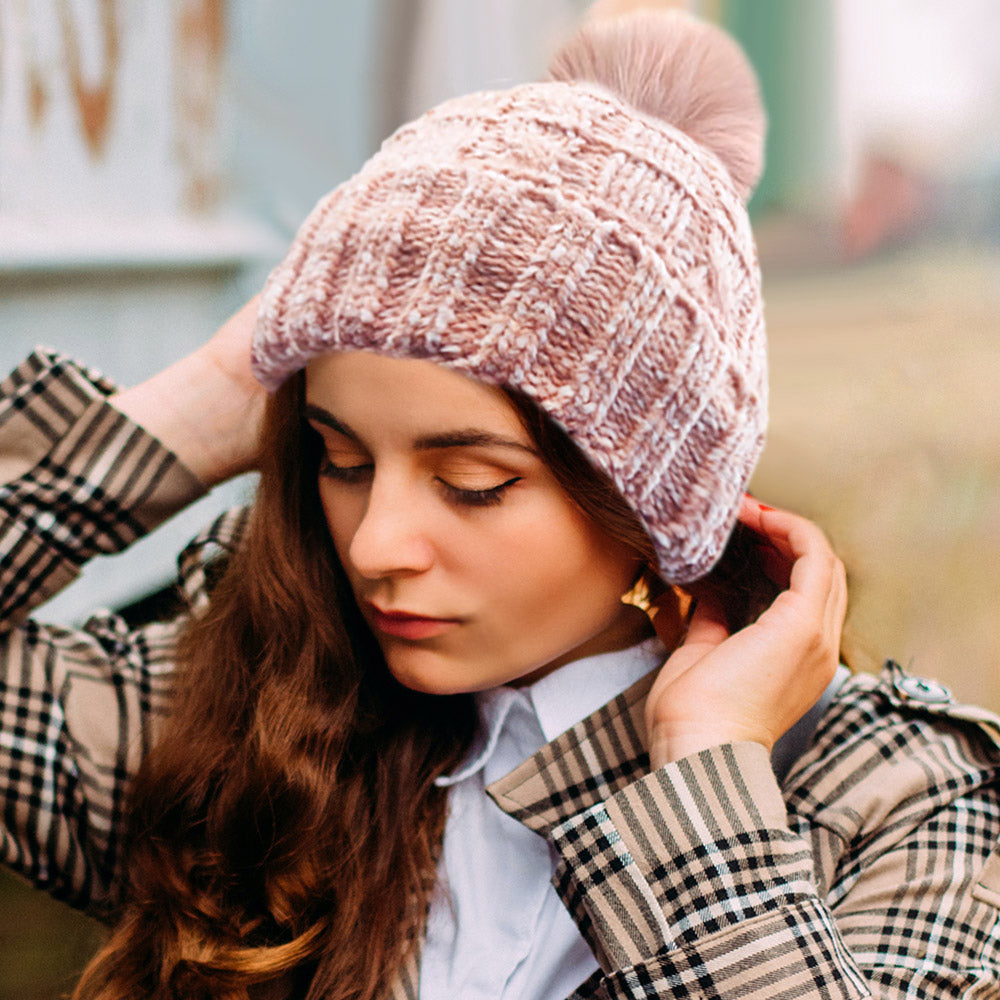 HATEGORY Fleece Lining Mixed Color Knit Faux Fur Pom Pom Beanie Hat