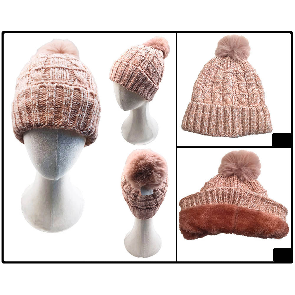 HATEGORY Fleece Lining Mixed Color Knit Faux Fur Pom Pom Beanie Hat