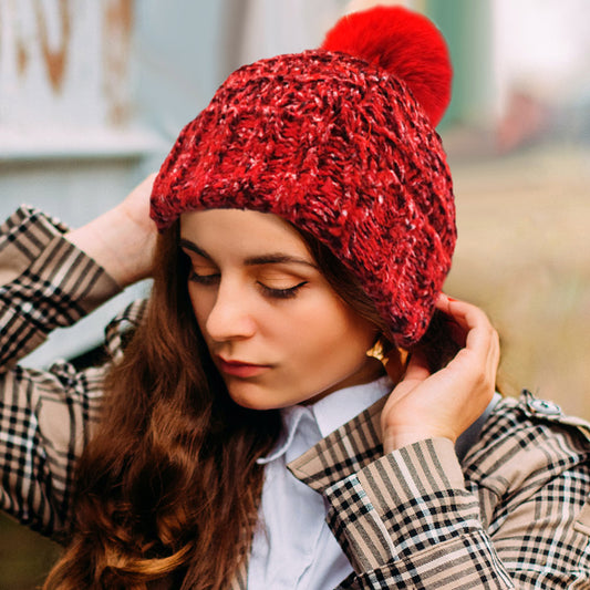 HATEGORY Fleece Lining Mixed Color Knit Faux Fur Pom Pom Beanie Hat