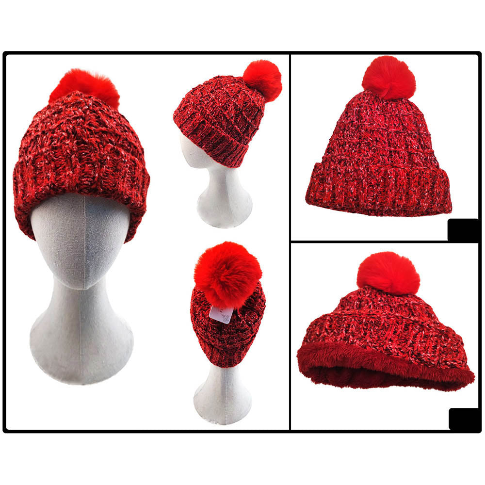 HATEGORY Fleece Lining Mixed Color Knit Faux Fur Pom Pom Beanie Hat