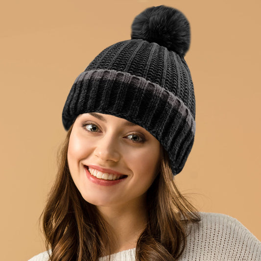 HATEGORY Ribbed Knit Pom Pom Beanie Hat