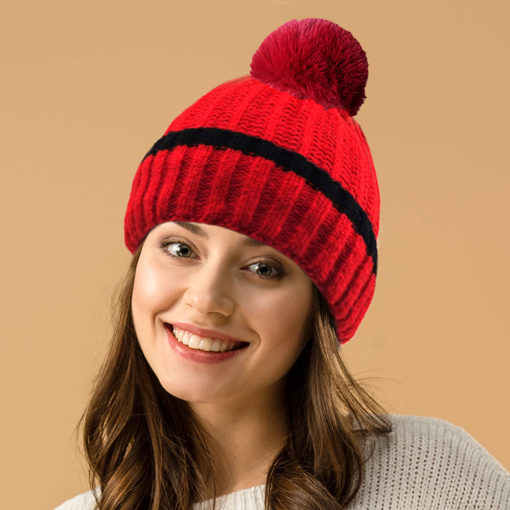 HATEGORY Ribbed Knit Pom Pom Beanie Hat