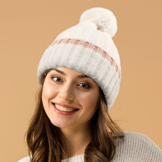 HATEGORY Ribbed Knit Pom Pom Beanie Hat