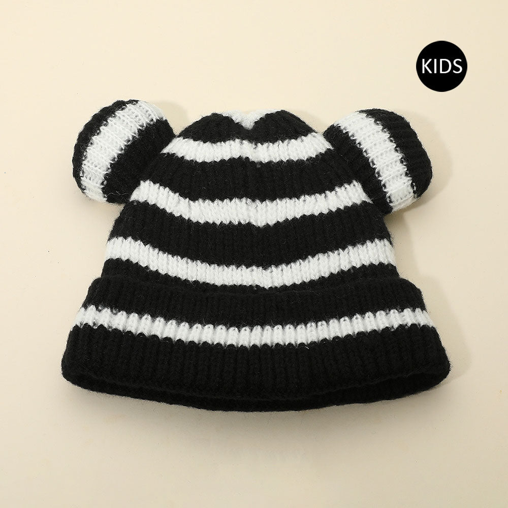 HATEGORY Kids Cute Bear Ear Striped Knit Winter Beanie Hat
