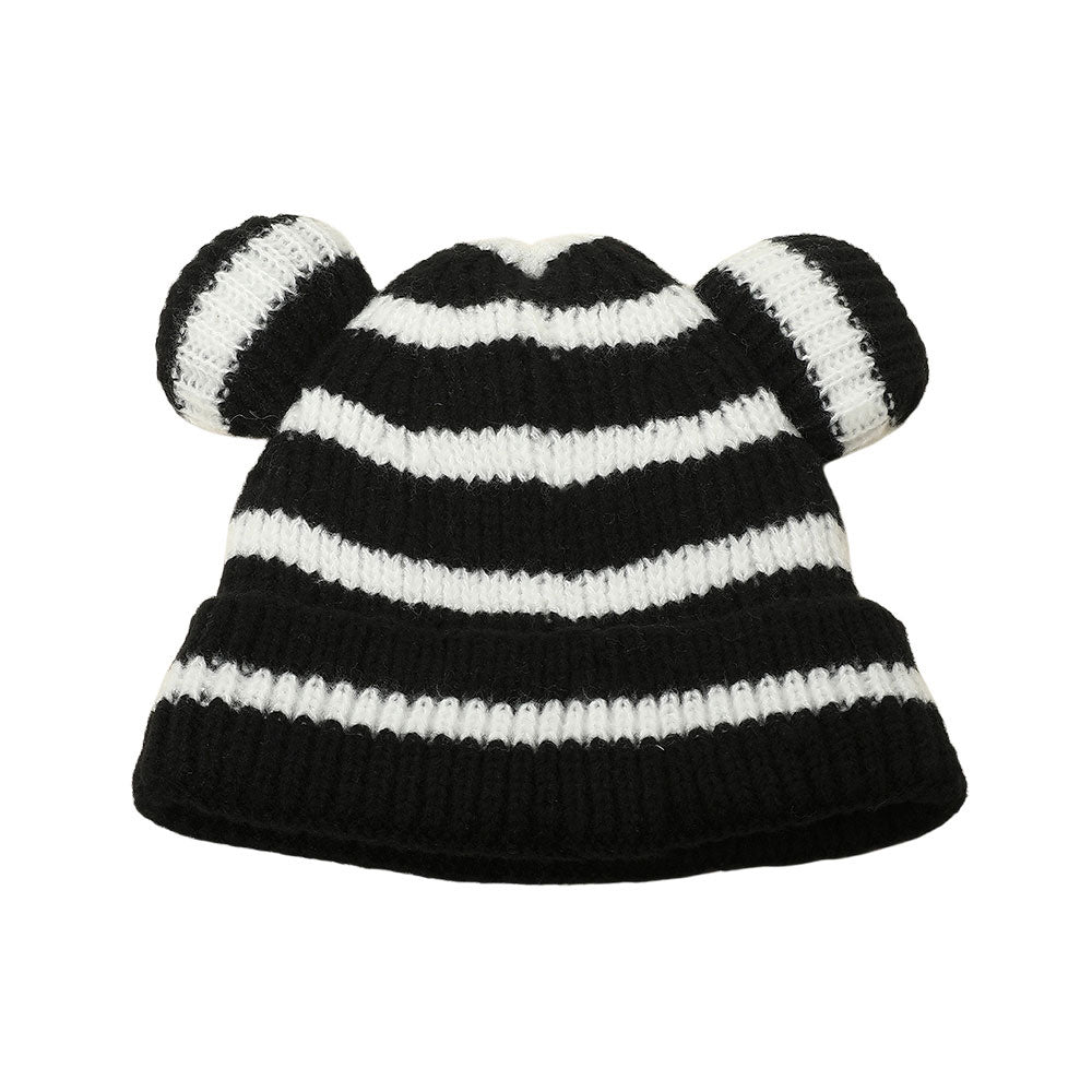 HATEGORY Kids Cute Bear Ear Striped Knit Winter Beanie Hat