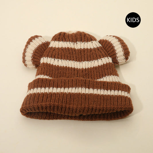 HATEGORY Kids Cute Bear Ear Striped Knit Winter Beanie Hat