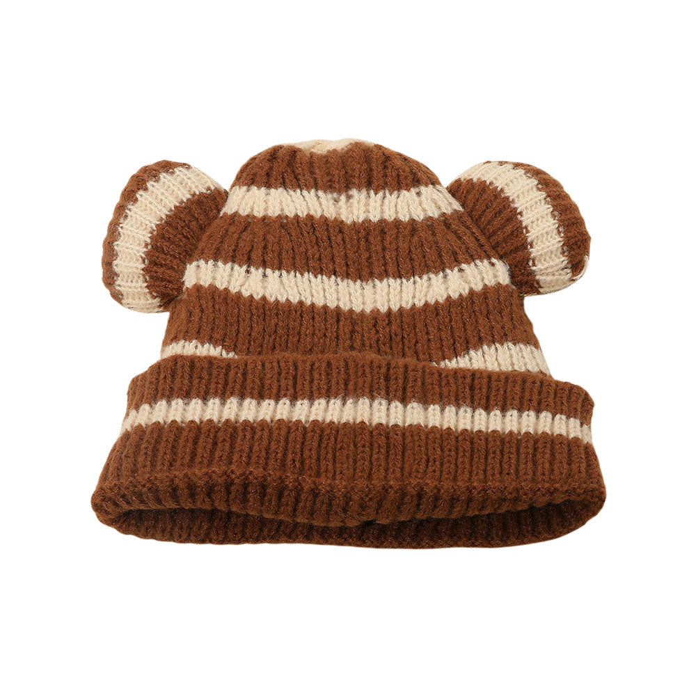 HATEGORY Kids Cute Bear Ear Striped Knit Winter Beanie Hat